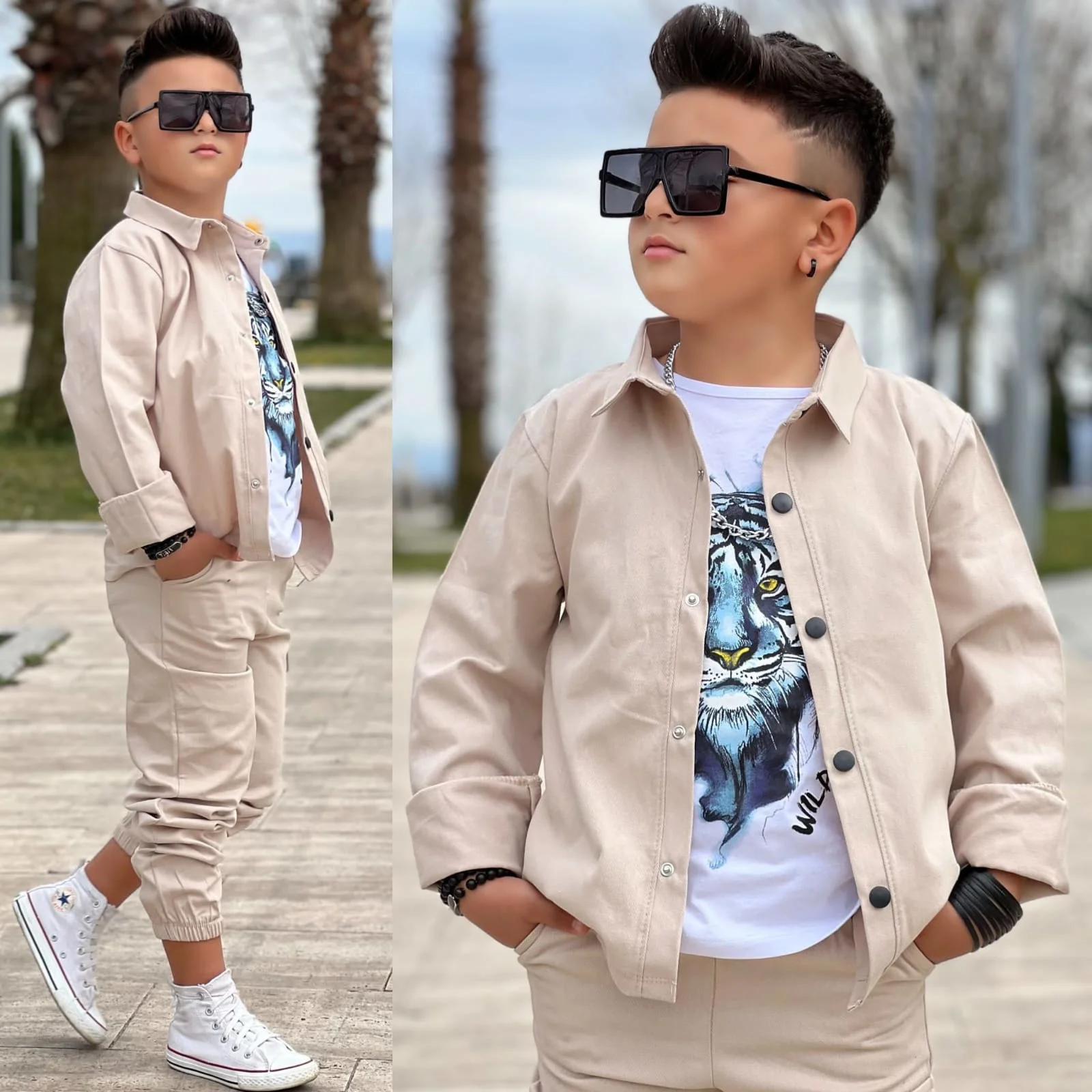 MODAVALS GABARDİN GÖMLEK KARGO CEP PANTOLON ve KAPLAN BASKILI TSH