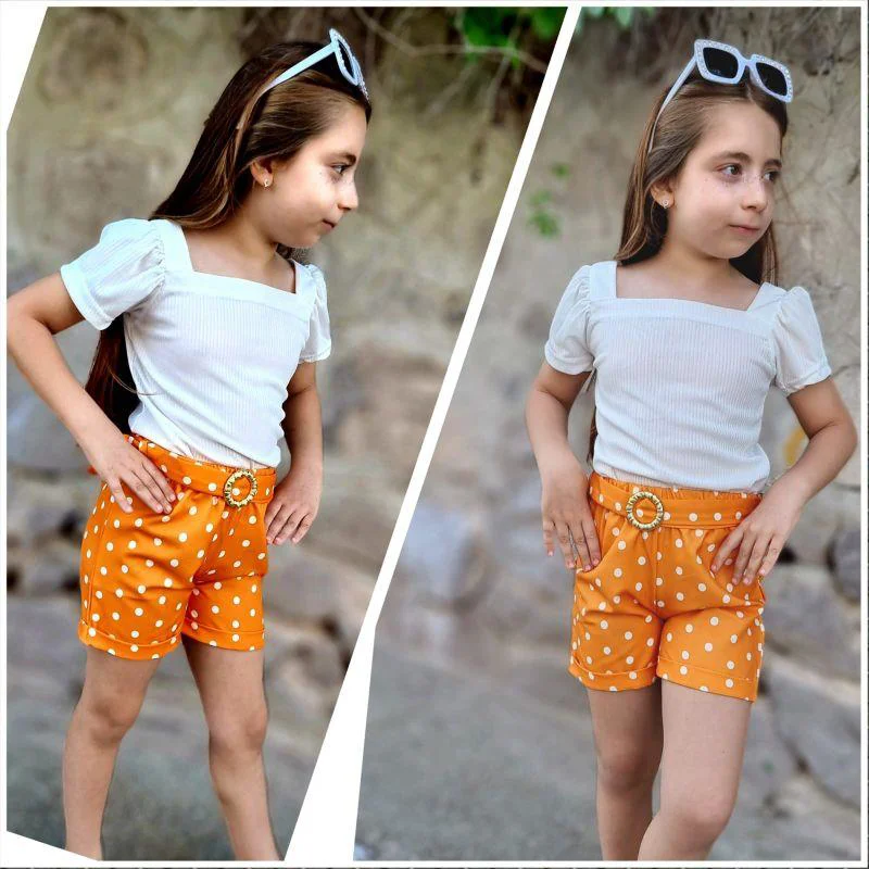 MODAVALS KIZ ÇOCUK PUANTİYELİ KEMERLİ ŞORT VE BLUZ KOMBİN - TURUN