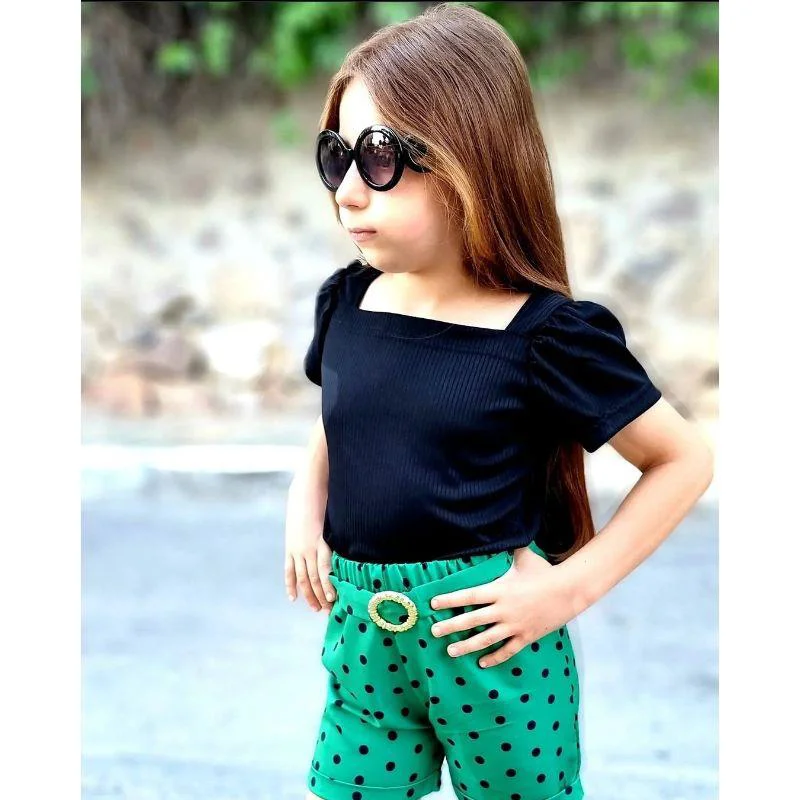 MODAVALS KIZ ÇOCUK PUANTİYELİ KEMERLİ ŞORT VE BLUZ KOMBİN - YEŞİL