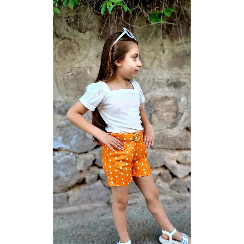 MODAVALS KIZ ÇOCUK PUANTİYELİ KEMERLİ ŞORT VE BLUZ KOMBİN - TURUN