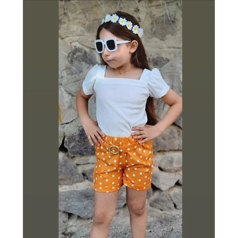 MODAVALS KIZ ÇOCUK PUANTİYELİ KEMERLİ ŞORT VE BLUZ KOMBİN - TURUN