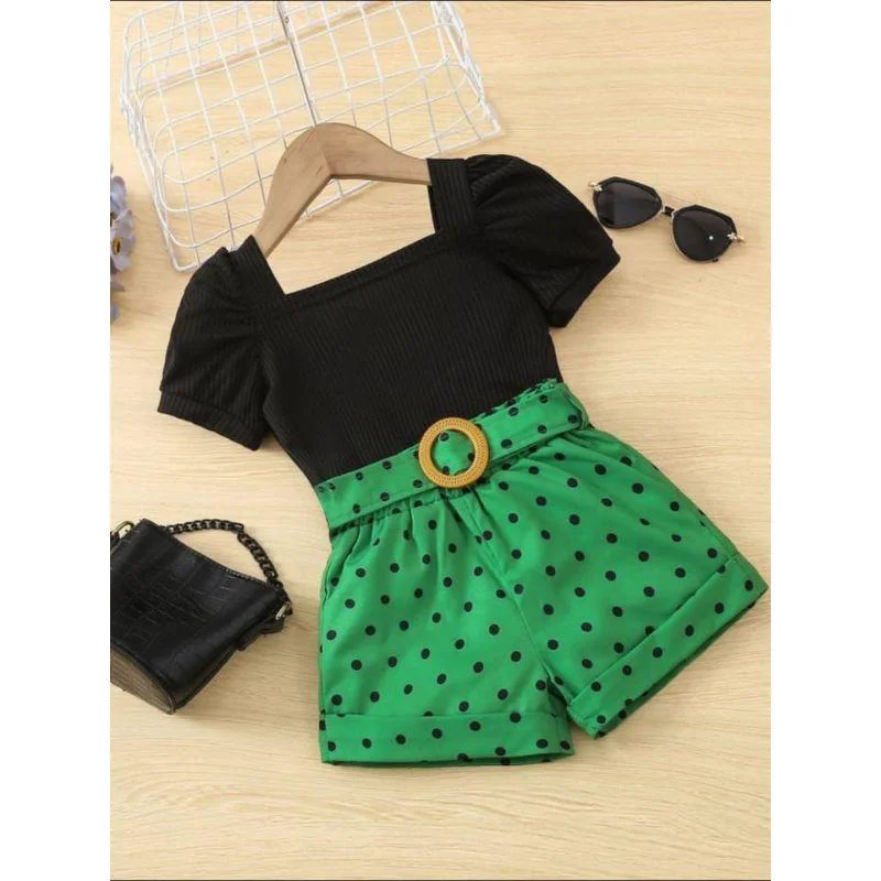 MODAVALS KIZ ÇOCUK PUANTİYELİ KEMERLİ ŞORT VE BLUZ KOMBİN - YEŞİL