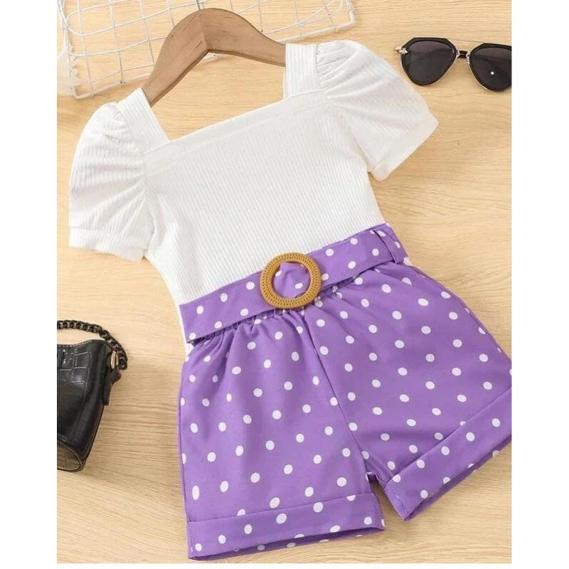 MODAVALS KIZ ÇOCUK PUANTİYELİ KEMERLİ ŞORT VE BLUZ KOMBİN - MOR