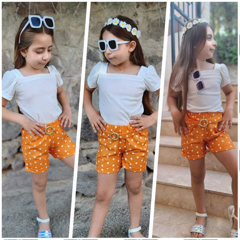 MODAVALS KIZ ÇOCUK PUANTİYELİ KEMERLİ ŞORT VE BLUZ KOMBİN - TURUN