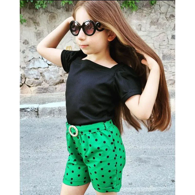 MODAVALS KIZ ÇOCUK PUANTİYELİ KEMERLİ ŞORT VE BLUZ KOMBİN - YEŞİL