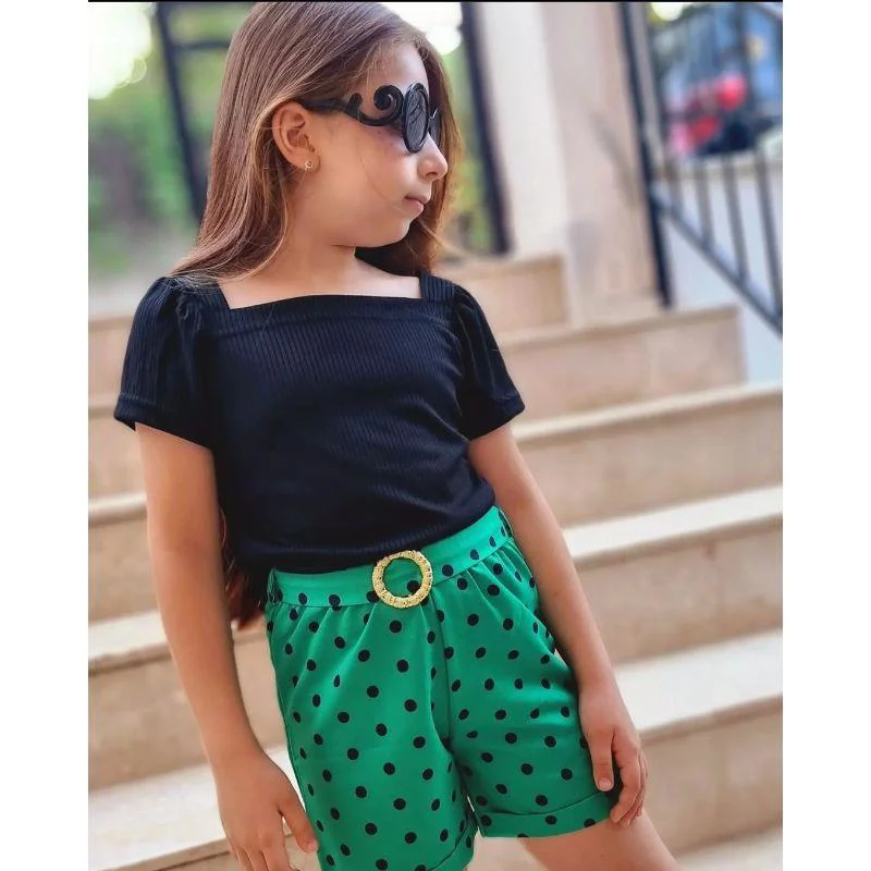 MODAVALS KIZ ÇOCUK PUANTİYELİ KEMERLİ ŞORT VE BLUZ KOMBİN - YEŞİL