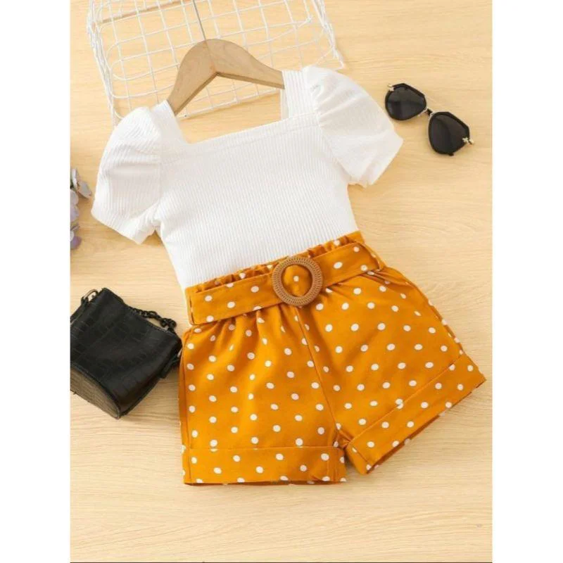 MODAVALS KIZ ÇOCUK PUANTİYELİ KEMERLİ ŞORT VE BLUZ KOMBİN - TURUN