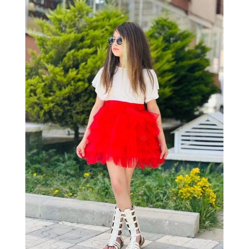 MODAVALS KIZ ÇOCUK TÜTÜ ETEKLİ KAŞKORSE BLUZLU KOMBİN - KIRMIZI