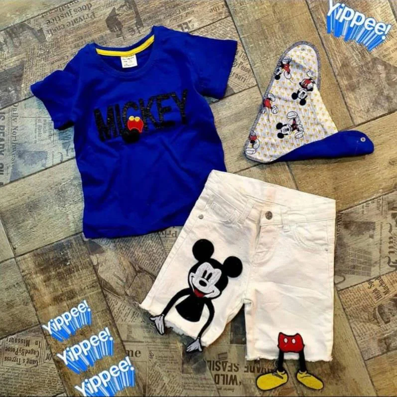 MODAVALS MICKEY APLİKELİ DERİ DETAYLI BOYUNLUKLU BEYAZ KOT ŞORTLU