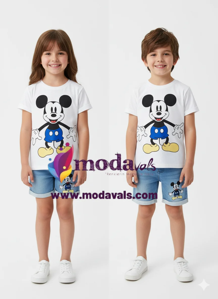 MODAVALS MICKEY NAKIŞLI LAZER KESİ DETAYLI ERKEK ÇOCUK KOT ŞORTLU