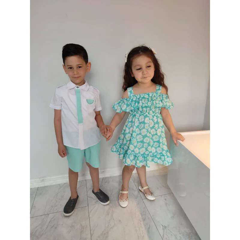 MODAVALS MİNT YEŞİLİ KARDEŞ KOMBİN KIZ ÇOCUK ELBİSE & BANDANA KOM