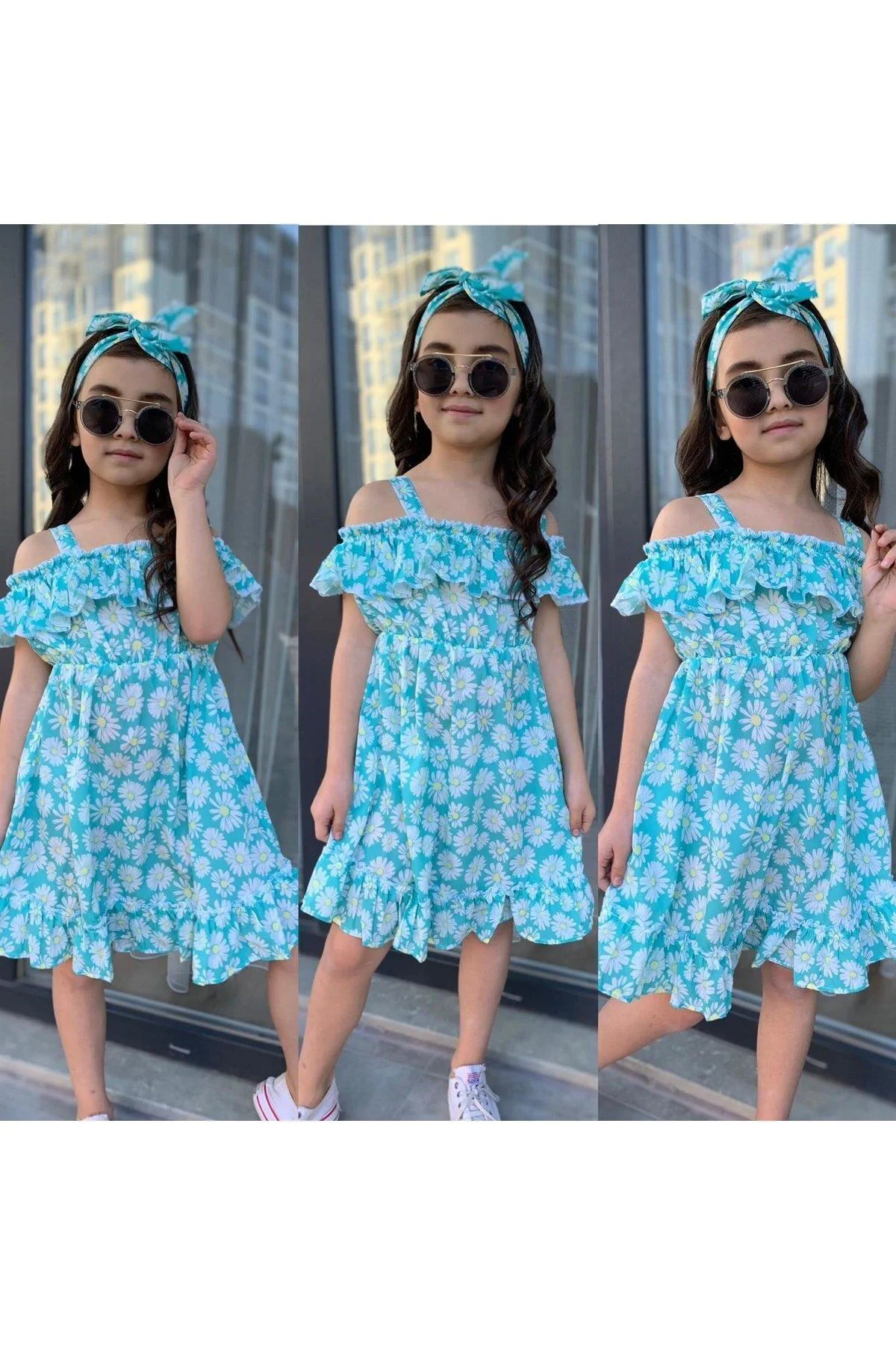 MODAVALS MİNT YEŞİLİ KARDEŞ KOMBİN KIZ ÇOCUK ELBİSE & BANDANA KOM