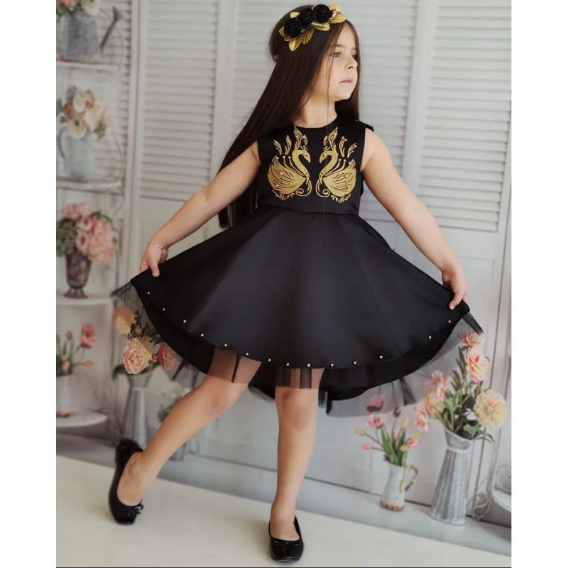 MODAVALS SİYAH İNCİ NAKIŞLI VARAK DETAYLI ÖZEL TASARIM KIZ ÇOCUK 