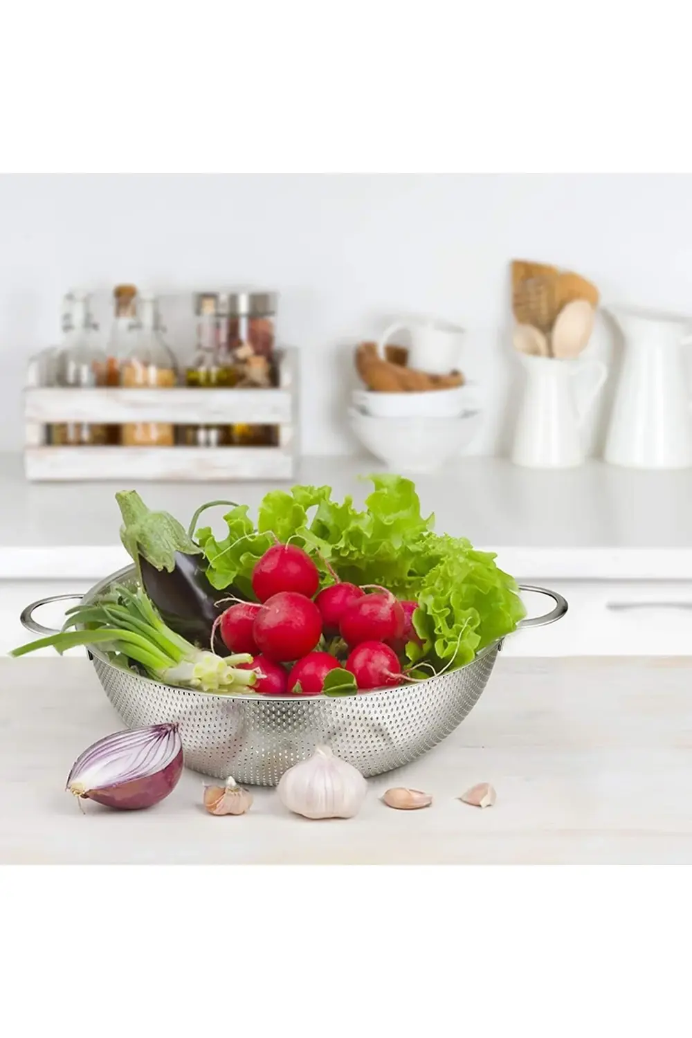 modazone Paslanmaz Çelik 26cm Çift Kulplu Sepet Süzgeç, Salata, M