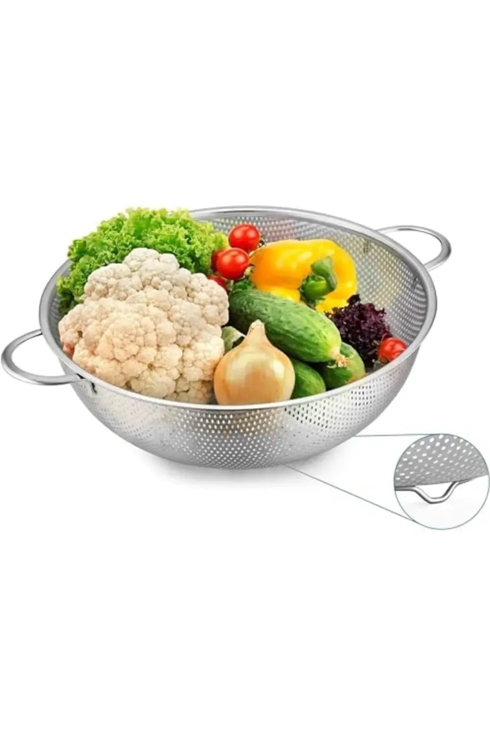 modazone Paslanmaz Çelik 26cm Çift Kulplu Sepet Süzgeç, Salata, M