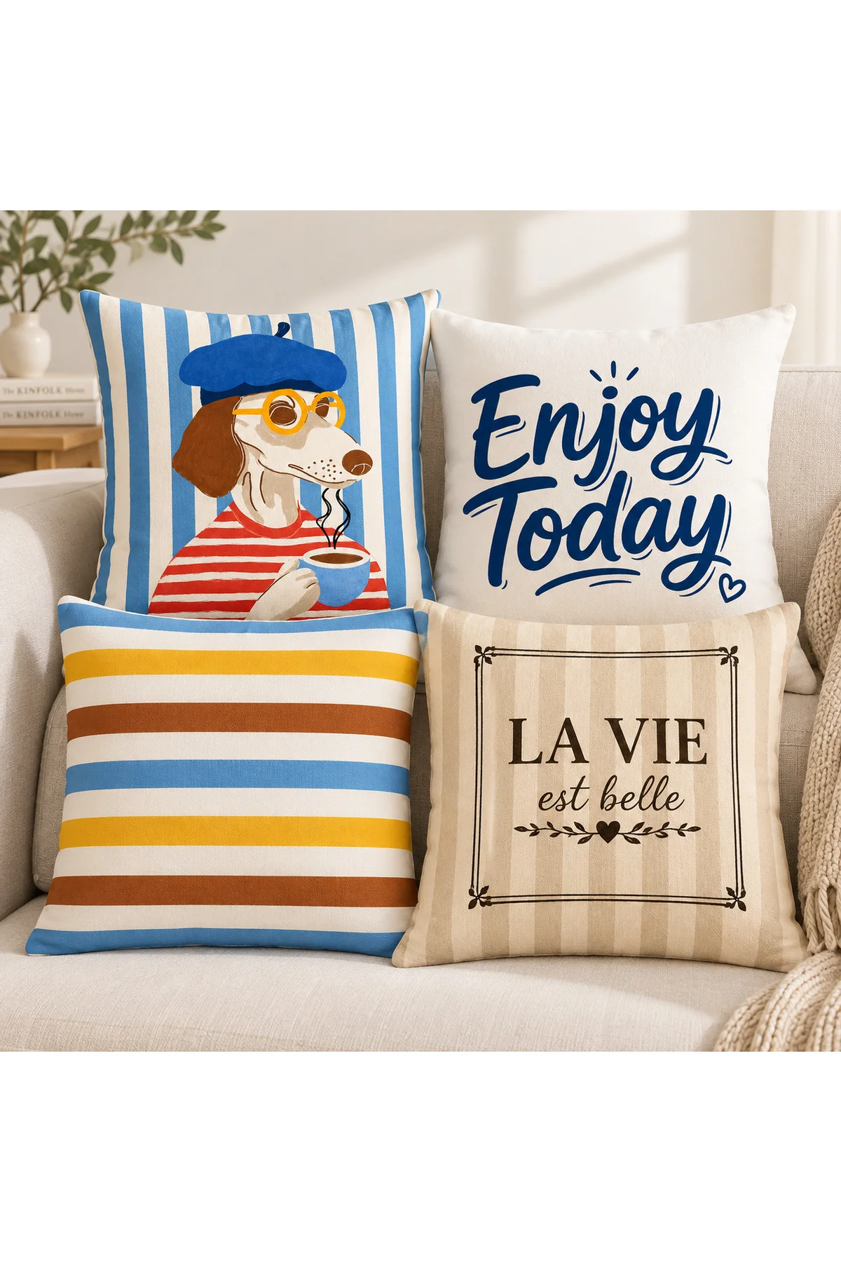 Modern Akdeniz Mavi Krem Köpek Figürlü Retro Çizgili Dekoratif 4’lü Kırlent Kılıfı Seti Modern Akdeniz Mavi Krem Köpek Figürlü Retro Çizgili Dekoratif 4’lü Kırlent Kılıfı Seti