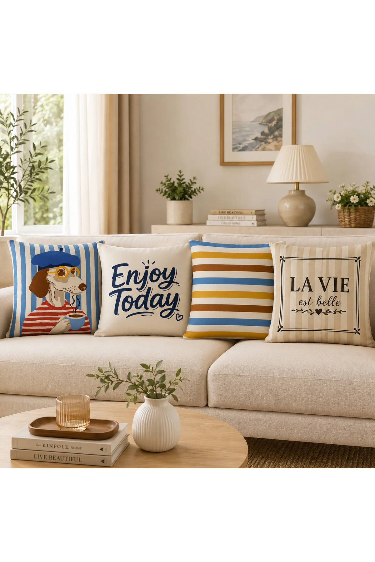 Modern Akdeniz Mavi Krem Köpek Figürlü Retro Çizgili Dekoratif 4’lü Kırlent Kılıfı Seti Modern Akdeniz Mavi Krem Köpek Figürlü Retro Çizgili Dekoratif 4’lü Kırlent Kılıfı Seti