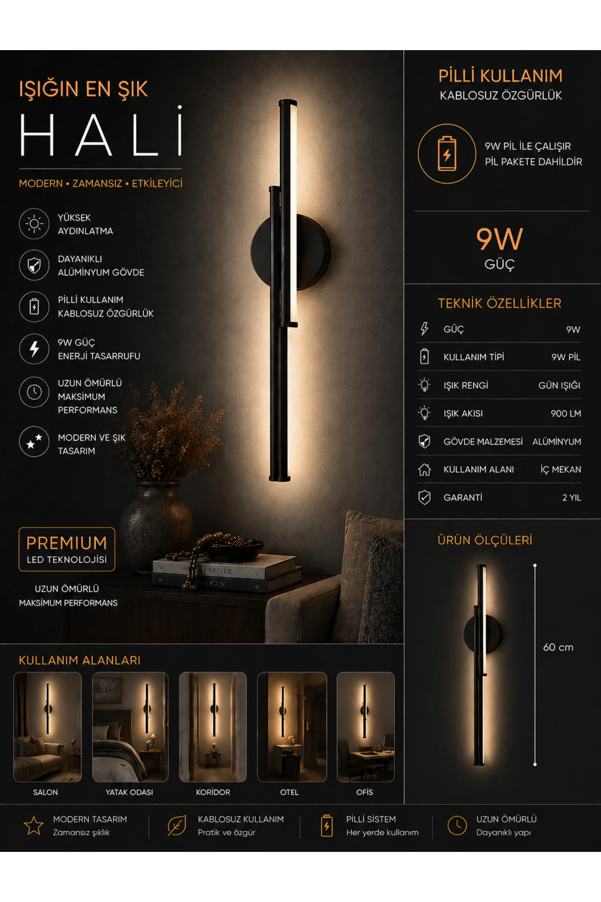 Modern Aplik Çift Yönlü Çubuk Led Siyah Günışığı Lineer Avize Armatür 70cm Çubuk Uzunluğu(pilli değildir)