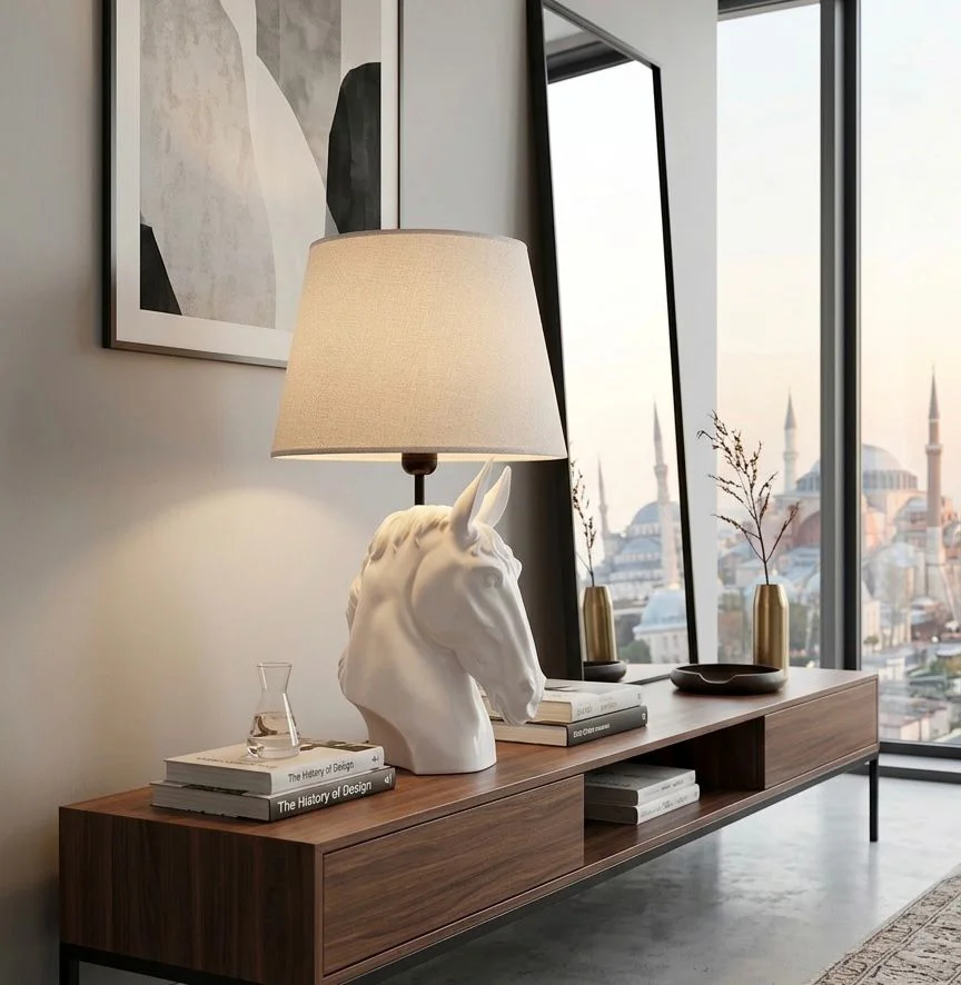 Modern At Abajur Beyaz Büst Abajur  Heykel  –  Beyaz Şapka Dekora