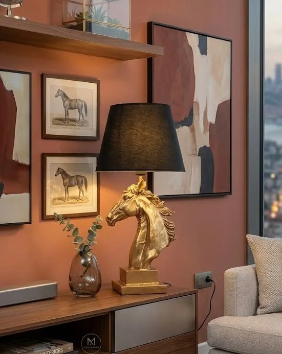 Modern At Abajur Siyah Gold Büst Abajur  Heykel  –  Siyah Şapka D