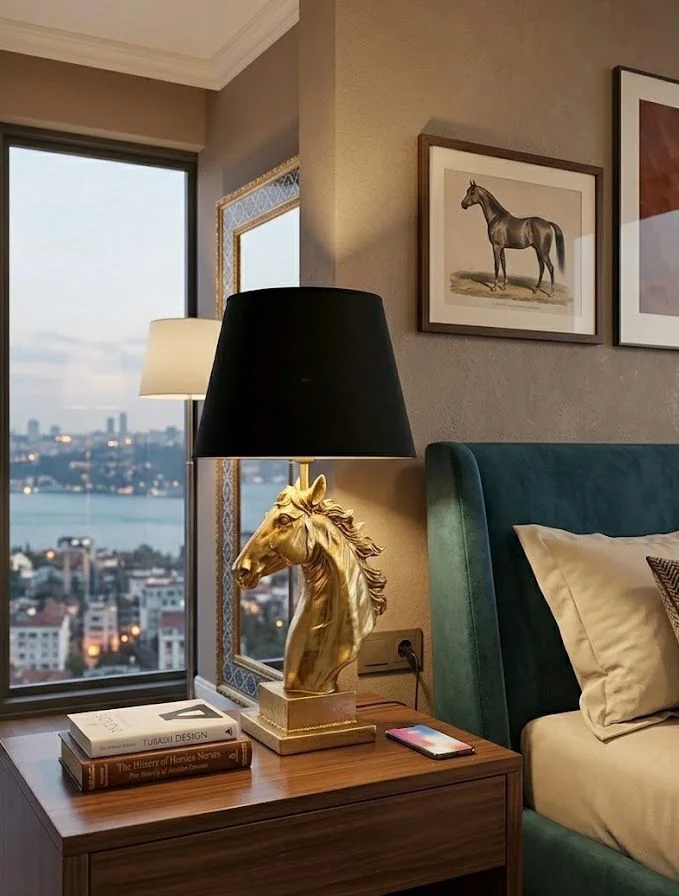 Modern At Abajur Siyah Gold Büst Abajur  Heykel  –  Siyah Şapka D