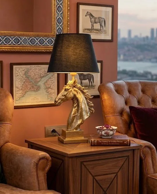 Modern At Abajur Siyah Gold Büst Abajur  Heykel  –  Siyah Şapka D