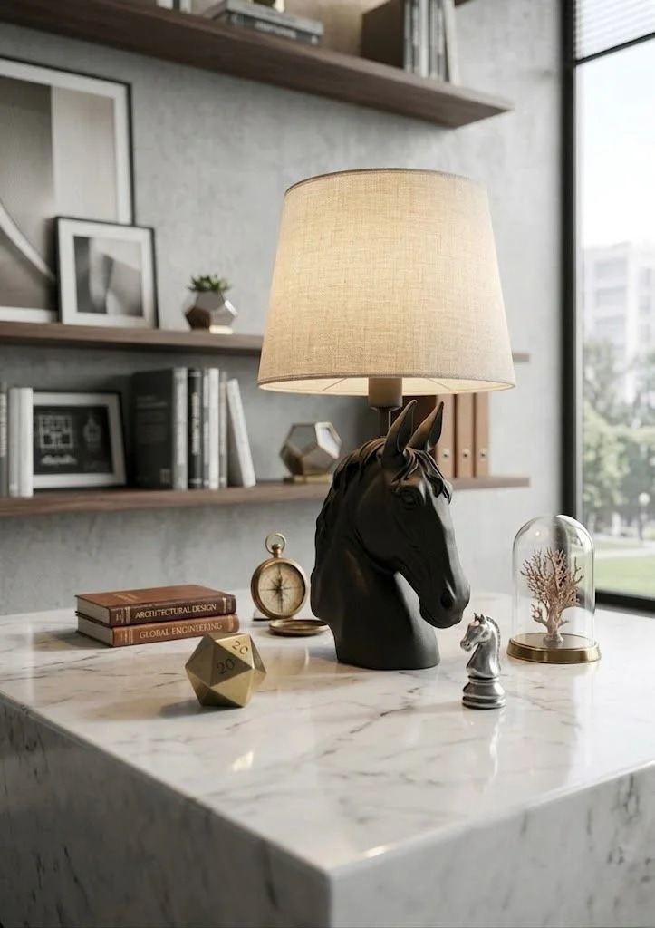 Modern At Abajur Siyah Büst Abajur  Heykel  –  Beyaz Şapka Dekora