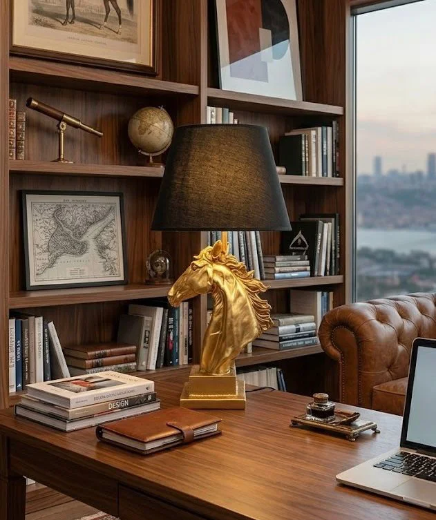 Modern At Abajur Siyah Gold Büst Abajur  Heykel  –  Siyah Şapka D