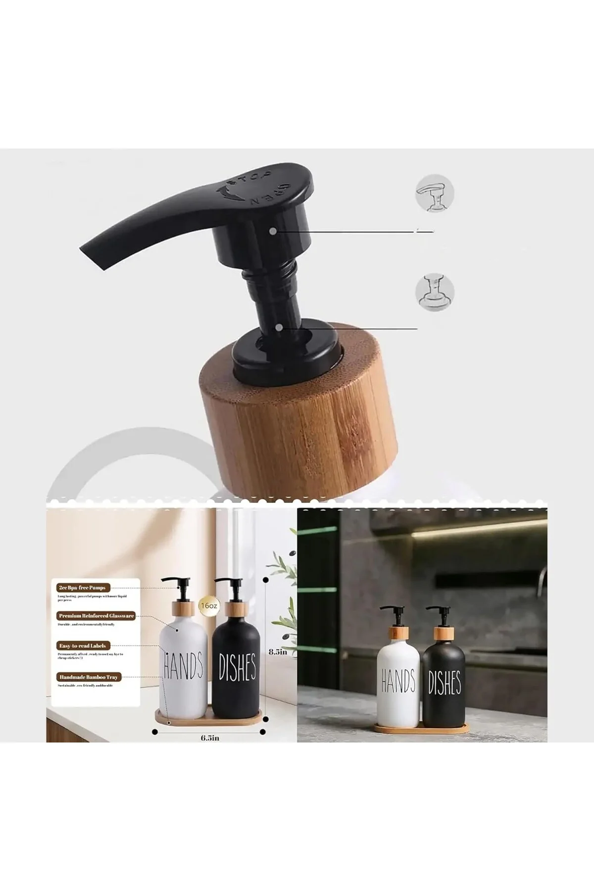 Modern Banyo ve Mutfak Seti, Siyah ve Beyaz Cam Sabunluk ve Deterjan Şişesi, Bambu Kapak