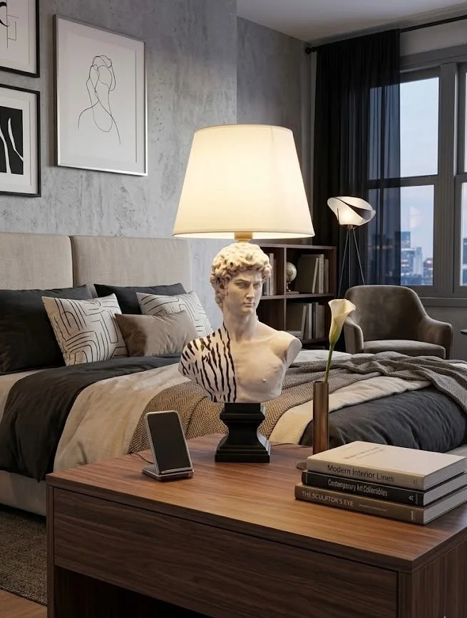 Modern Beyaz Siyah Detaylı Büst Abajur Dvut Davit Heykel – Beyaz Modern Beyaz Siyah Detaylı Büst Abajur Dvut Davit Heykel – Beyaz