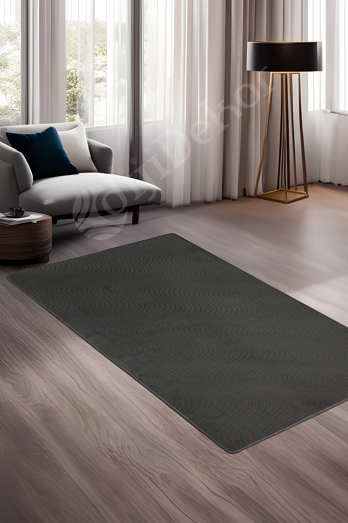 MODERN DALGALI TASARIMLI ANTRASİT RENKLİ Yıkanabilir Kaymaz Kesme HALI Yolluk 80x100