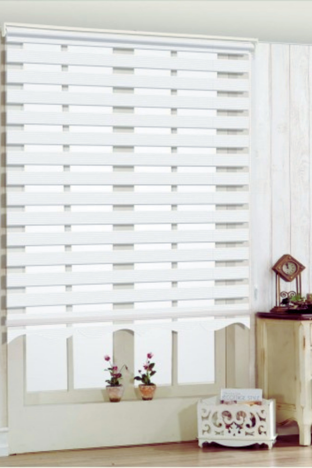 Modern Dar Plise Beyaz Zebra Stor Perde , Alüminyum Kasalı Yüksek