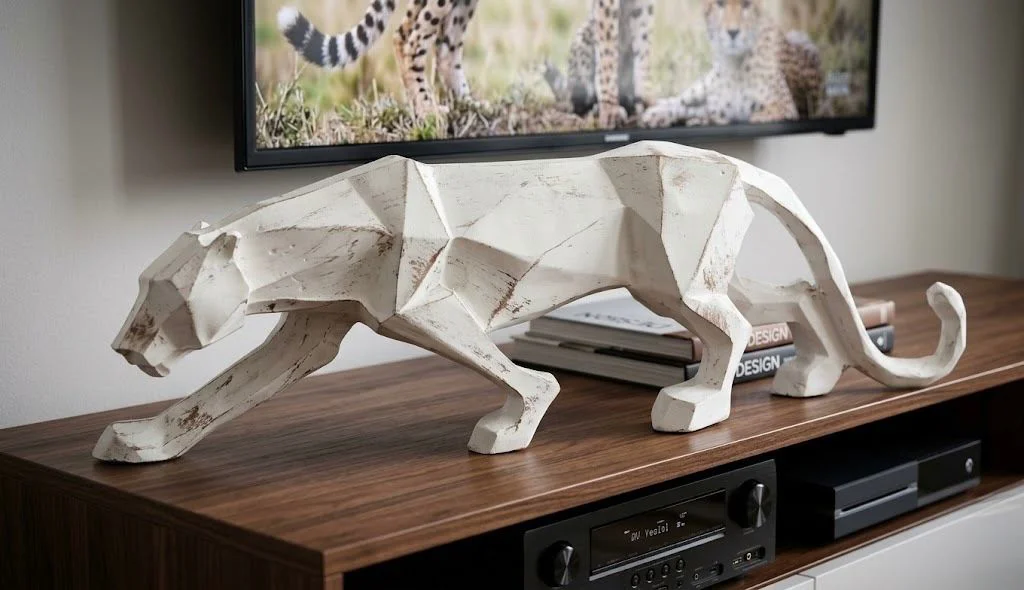 Modern Dekoratif Beyaz Gold Detaylı Leopar Kübik Biblo Heykel  – 