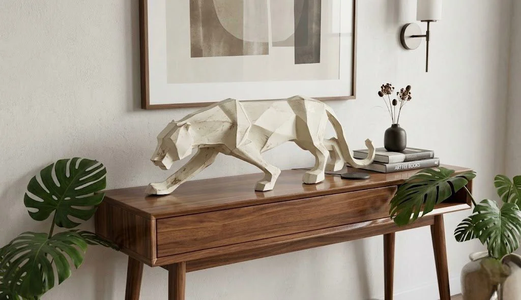 Modern Dekoratif Beyaz Gold Detaylı Leopar Kübik Biblo Heykel  – 