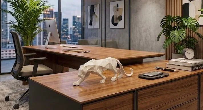 Modern Dekoratif Beyaz Gold Detaylı Leopar Kübik Biblo Heykel  – 