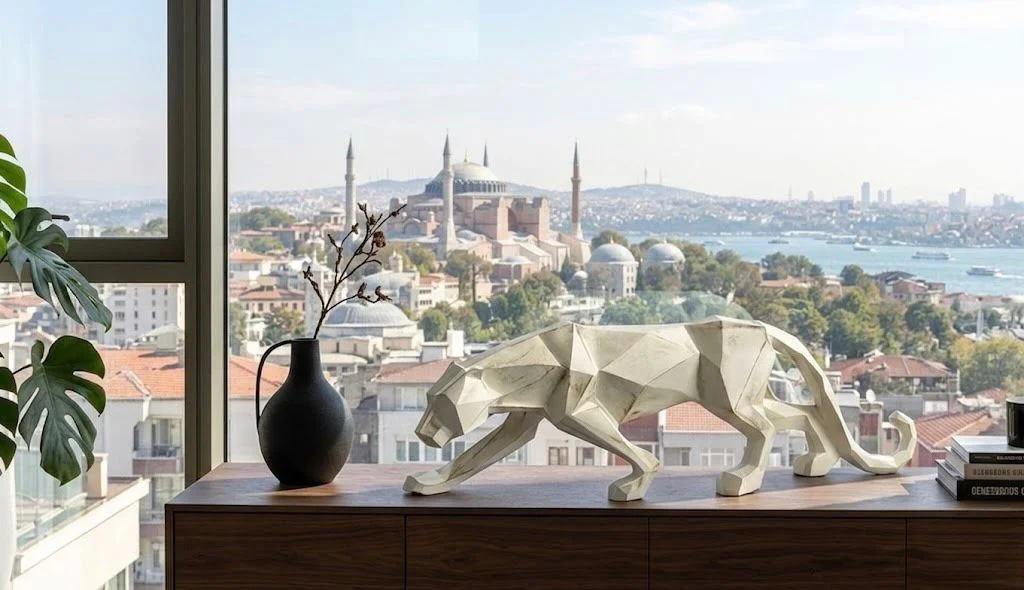 Modern Dekoratif Beyaz Gold Detaylı Leopar Kübik Biblo Heykel  – 