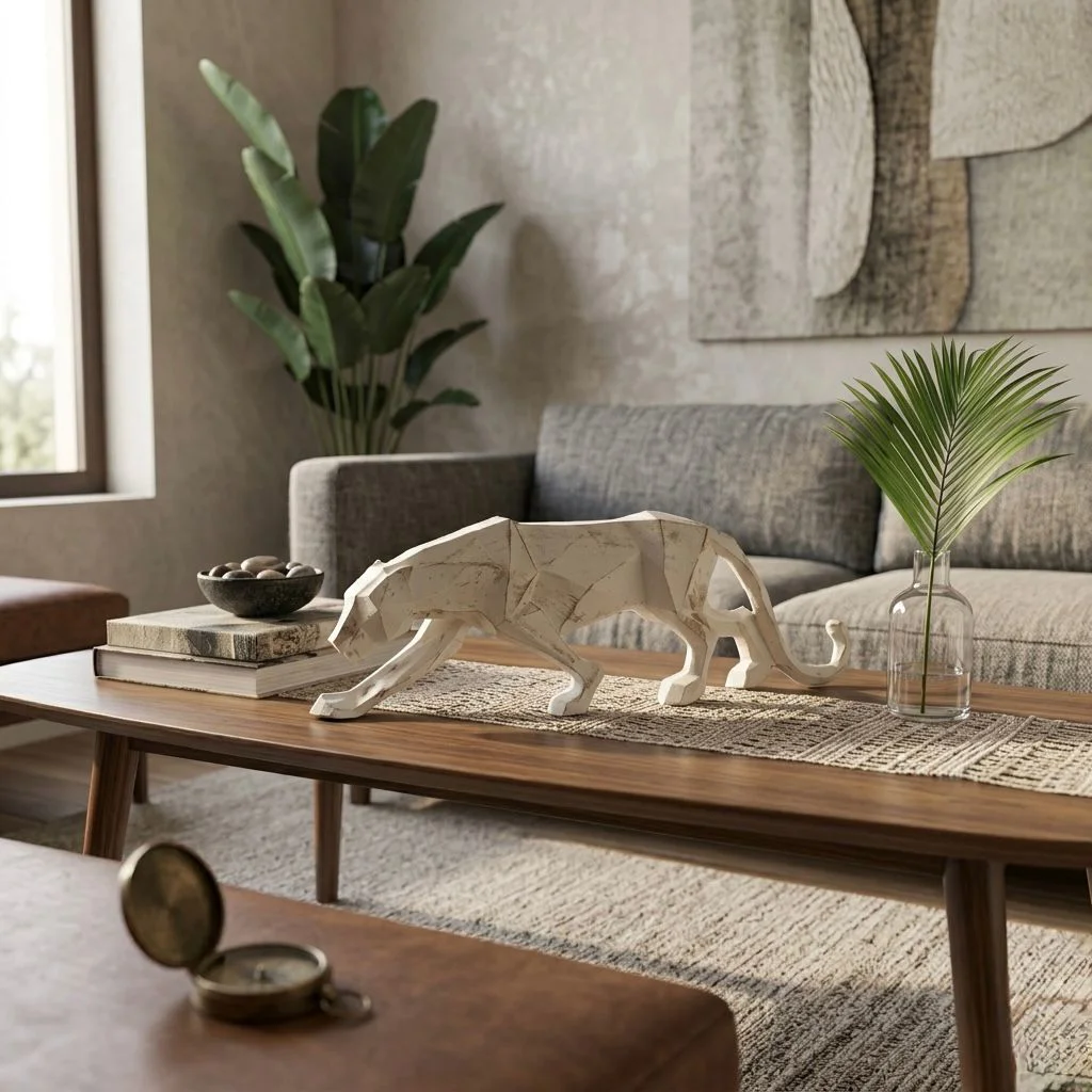 Modern Dekoratif Beyaz Gold Detaylı Leopar Kübik Biblo Heykel  – 