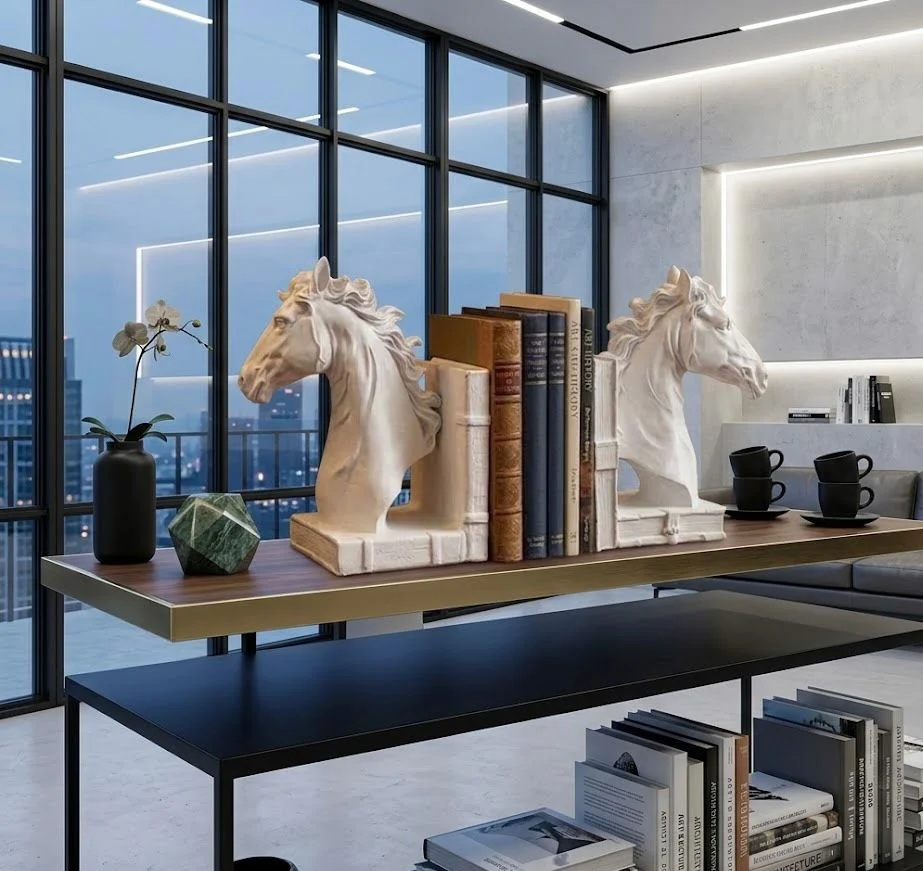 Modern Dekoratif Biblo – Beyaz  Kitap Tutucu At Heykeli, Salon Ko
