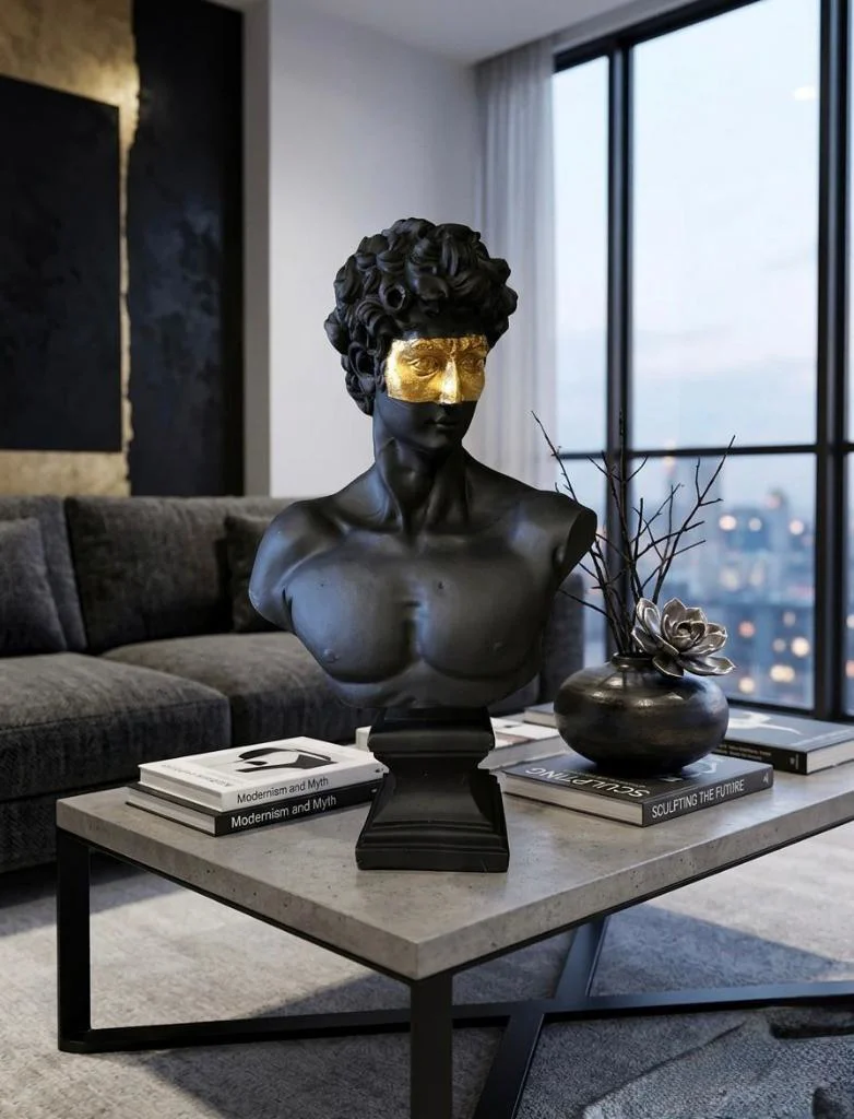 Modern Dekoratif Biblo – Siyah Gold Detaylı David/ Davut Heykeli,