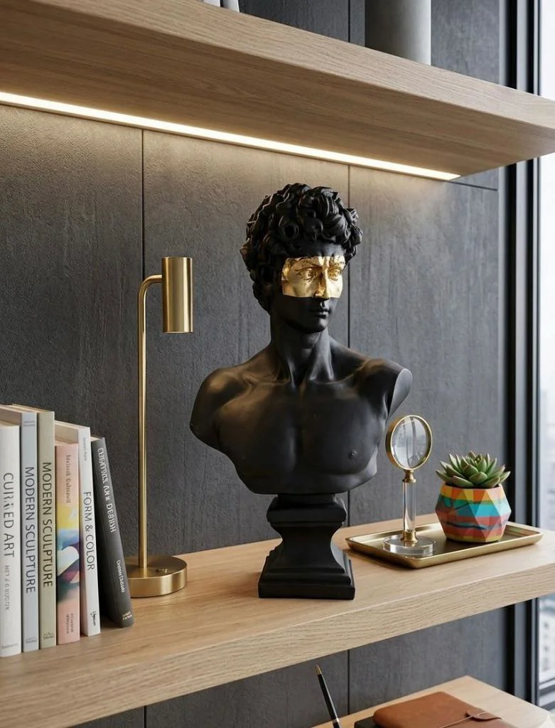 Modern Dekoratif Biblo – Siyah Gold Detaylı David/ Davut Heykeli,