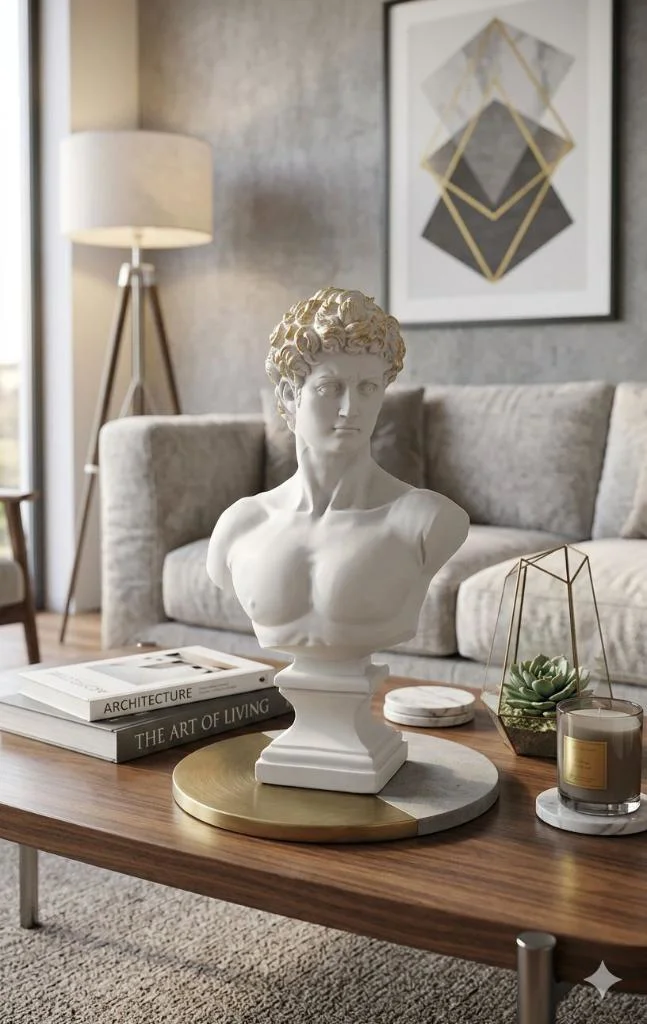 Modern Dekoratif Biblo – Beyaz Gold Detaylı David/ Davut Heykeli,