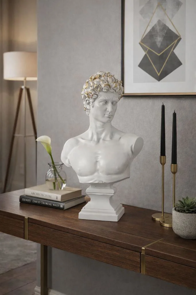 Modern Dekoratif Biblo – Beyaz Gold Detaylı David/ Davut Heykeli,
