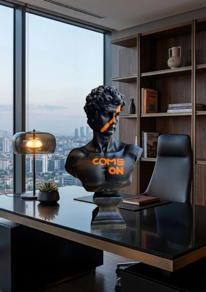 Modern Dekoratif Biblo – Siyah Gold Detaylı David COME ON Yazılı/
