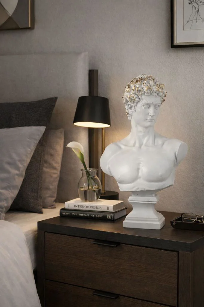 Modern Dekoratif Biblo – Beyaz Gold Detaylı David/ Davut Heykeli,