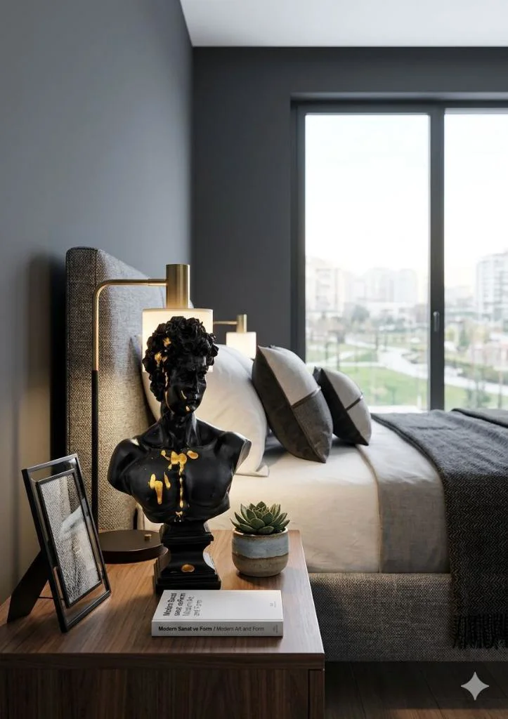 Modern Dekoratif Biblo – Siyah Gold Detaylı David/ Davut Heykeli,