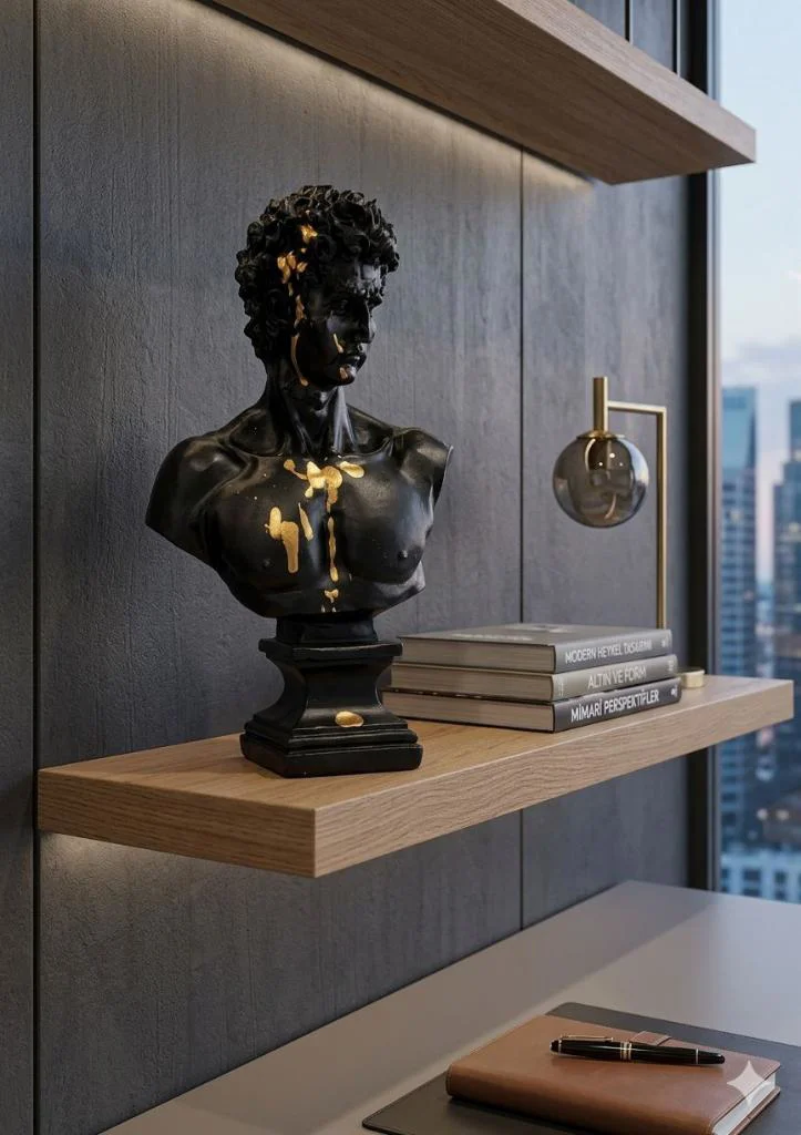 Modern Dekoratif Biblo – Siyah Gold Detaylı David/ Davut Heykeli,
