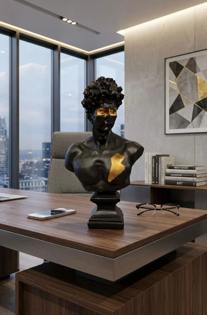 Modern Dekoratif Biblo – Siyah Gold Detaylı David/ Davut Heykeli,