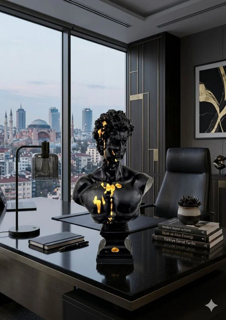 Modern Dekoratif Biblo – Siyah Gold Detaylı David/ Davut Heykeli,