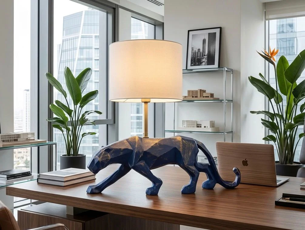 Modern Dekoratif Laciver Gold  Detaylı Leopar Kübik Biblo Heykel 