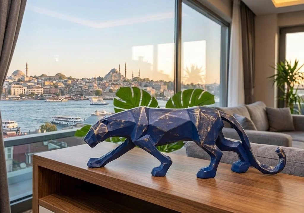 Modern Dekoratif Laciver Gold  Detaylı Leopar Kübik Biblo Heykel 